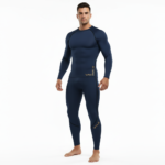 Front view of a man wearing a VALE brand long-sleeve compression shirt and matching leggings set in breathable fabric, available in white, navy blue, and maroon.