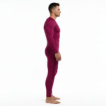 Front view of a man wearing a VALE brand long-sleeve compression shirt and matching leggings set in breathable fabric, available in white, navy blue, and maroon.