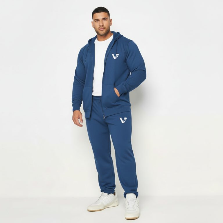Men's premium breathable cotton tracksuit featuring a full-zip hoodie and matching joggers with minimalist branding, available in Black, Green, and Blue.