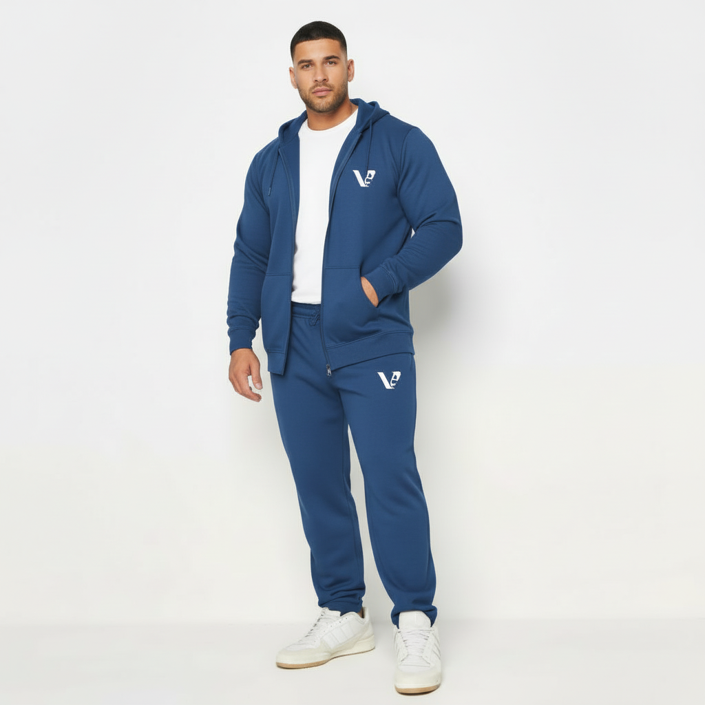 Men's premium breathable cotton tracksuit featuring a full-zip hoodie and matching joggers with minimalist branding, available in Black, Green, and Blue.