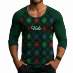 Men's slim fit 3/4 sleeve raglan shirt with green argyle pattern and "Vale" logo, 100% breathable cotton.