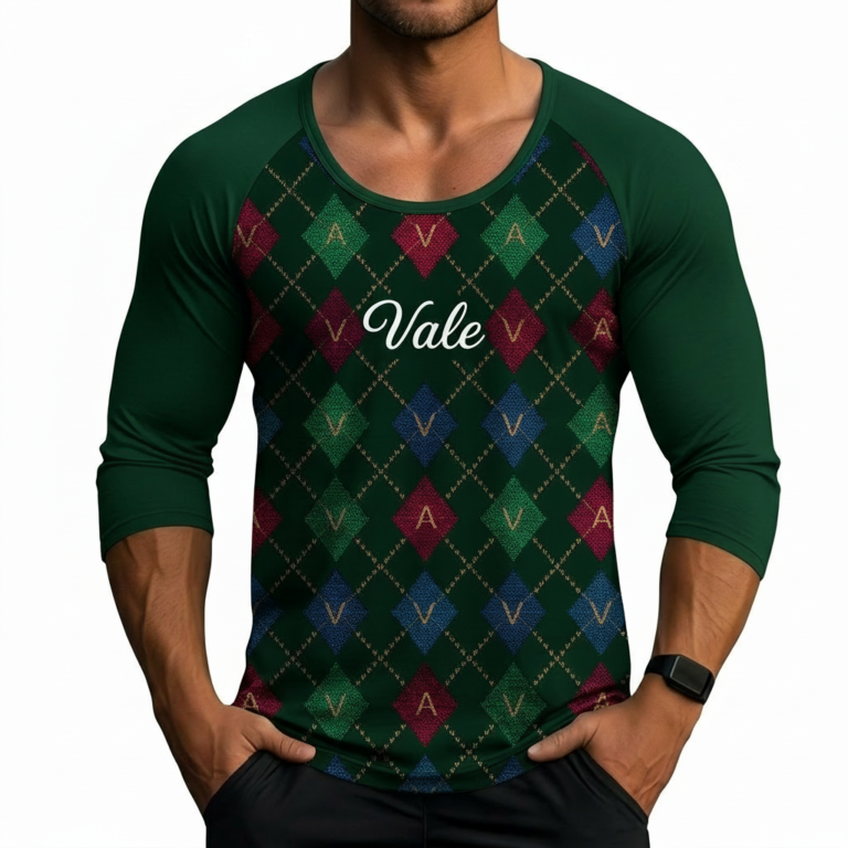 Men's slim fit 3/4 sleeve raglan shirt with green argyle pattern and "Vale" logo, 100% breathable cotton.