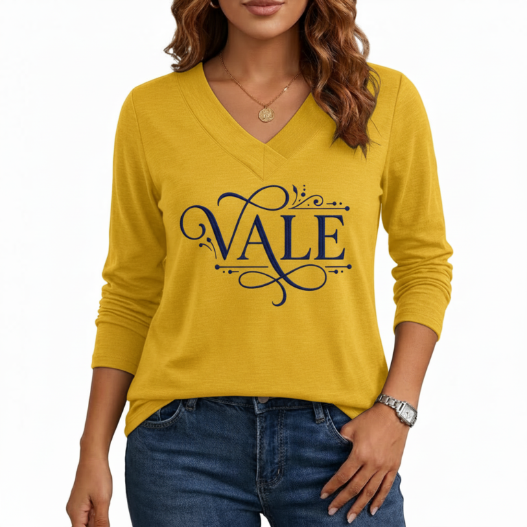 Women wearing a VALE branded long-sleeve breathable cotton V-neck t-shirt in navy blue, mustard yellow, and olive green, paired with blue jeans.