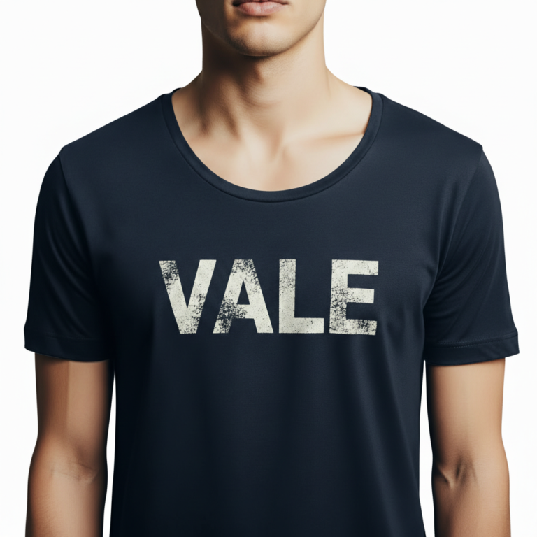 Close-up of a man wearing a burnt orange VALE distressed graphic t-shirt with white block lettering.