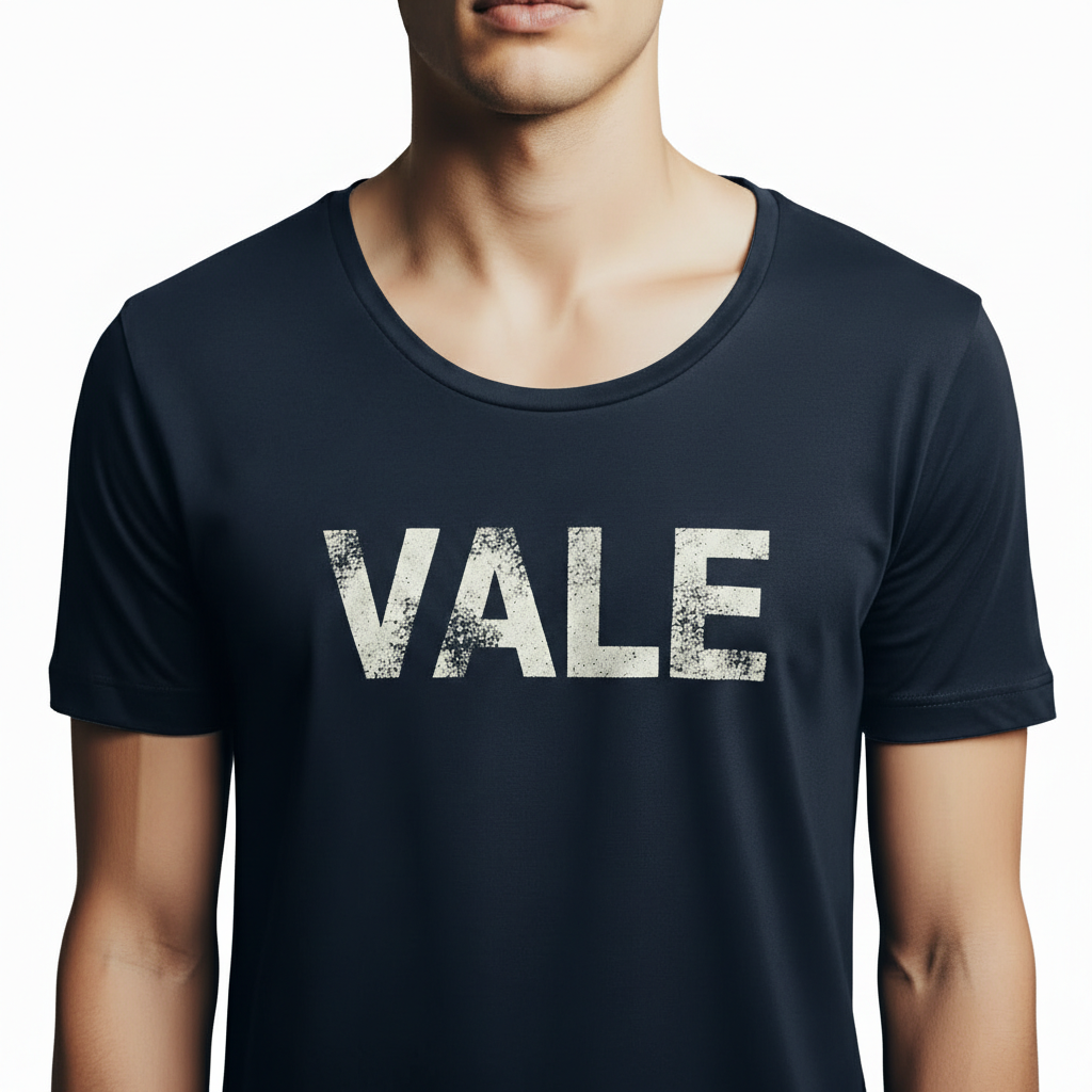 VALE Men's Premium Distressed Graphic T-Shirt Close-up of a man wearing a burnt orange VALE distressed graphic t-shirt with white block lettering.