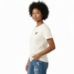 Minimalist V-logo breathable cotton t-shirt for men in olive green, steel blue, and cream white, styled with denim jeans.