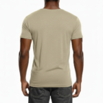 Man wearing a slim-fit Vale script V-neck t-shirt in dusty rose, charcoal grey, and sand beige colors.
