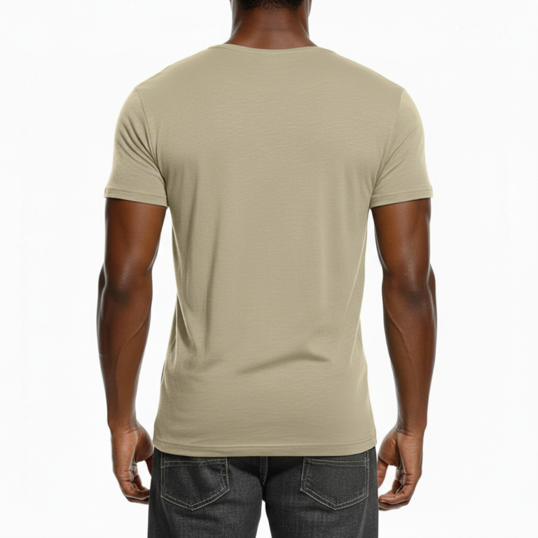 Man wearing a slim-fit Vale script V-neck t-shirt in dusty rose, charcoal grey, and sand beige colors.