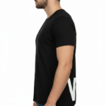 Close-up of a deep scoop neck shirt showing high-grade pique cotton texture.