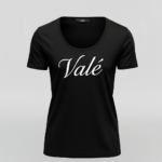 Front view of a premium breathable cotton t-shirt featuring the Valé script logo on the chest, displayed in a minimalist professional studio setting.