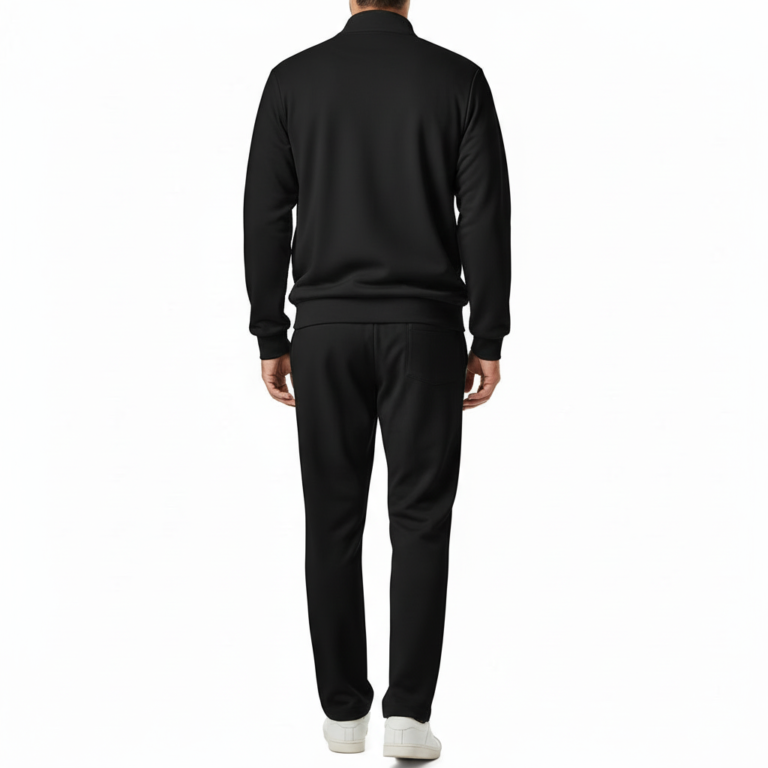 Men's two-piece breathable cotton tracksuit featuring a full-zip mock neck jacket and joggers with VALE sleeve branding, available in Black, Forest Green, and Burgundy.