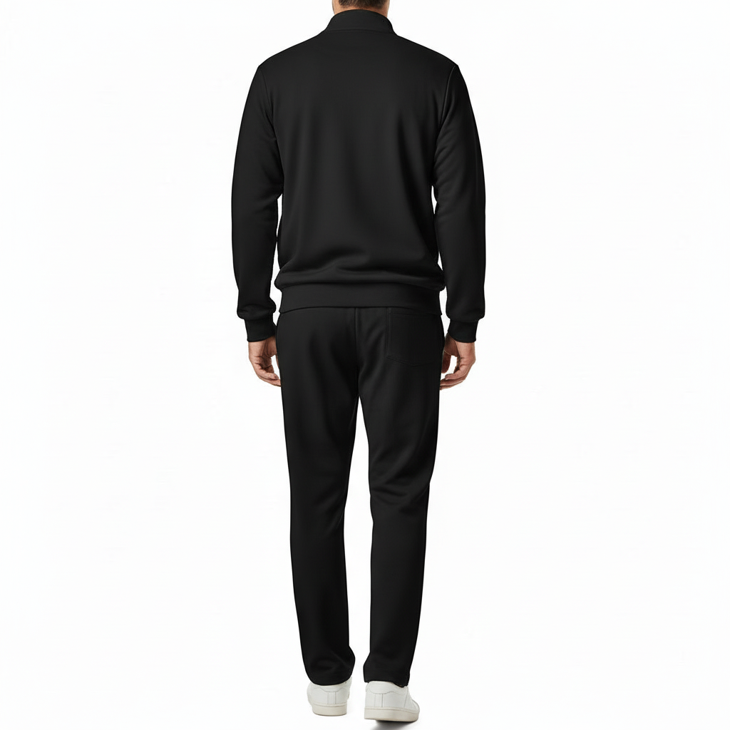 Men's two-piece breathable cotton tracksuit featuring a full-zip mock neck jacket and joggers with VALE sleeve branding, available in Black, Forest Green, and Burgundy.