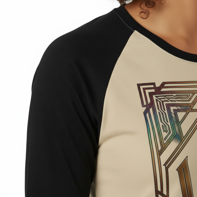 Woman wearing a VALE Art Deco graphic raglan shirt made of breathable cotton with black 3/4 sleeves, available in cream, maroon, and grey.