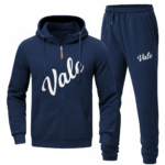 Two-piece men's breathable cotton tracksuit set including a full-zip hoodie and matching joggers with Vale logo, available in Navy Blue, Olive Green, and Beige.