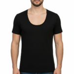 Close-up of a deep scoop neck shirt showing high-grade pique cotton texture.