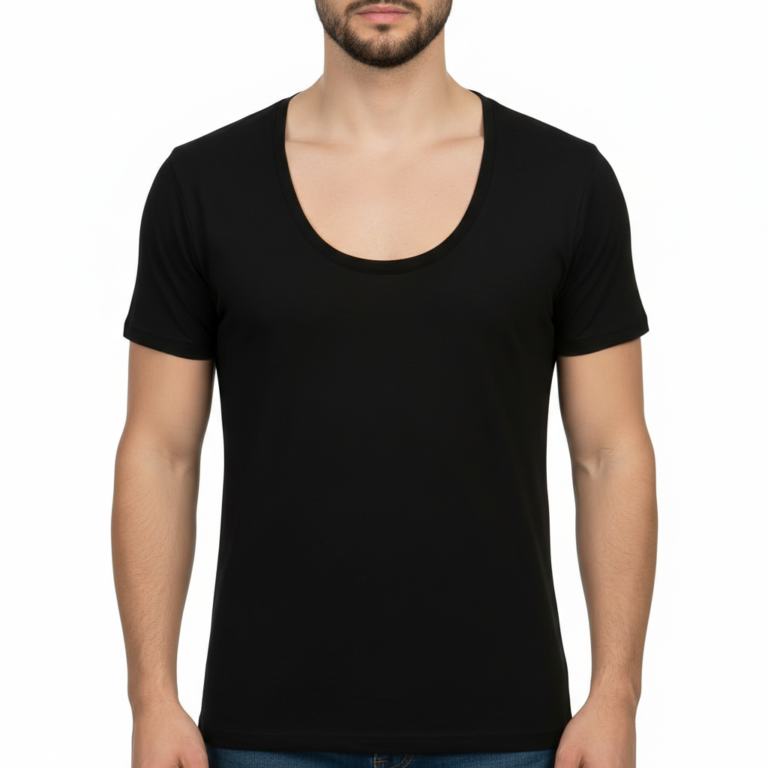 Close-up of a deep scoop neck shirt showing high-grade pique cotton texture.