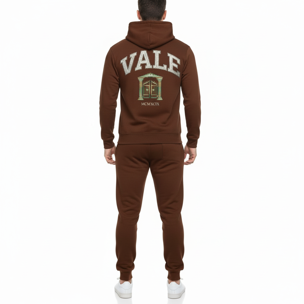 Men's breathable cotton tracksuit set showing a large varsity VALE back graphic with a gate emblem and Roman numerals on the hoodie and joggers.