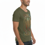 Man wearing VALE brand Art Deco graphic t-shirt in breathable cotton, available in white, olive green, and royal blue, athletic slim fit style.