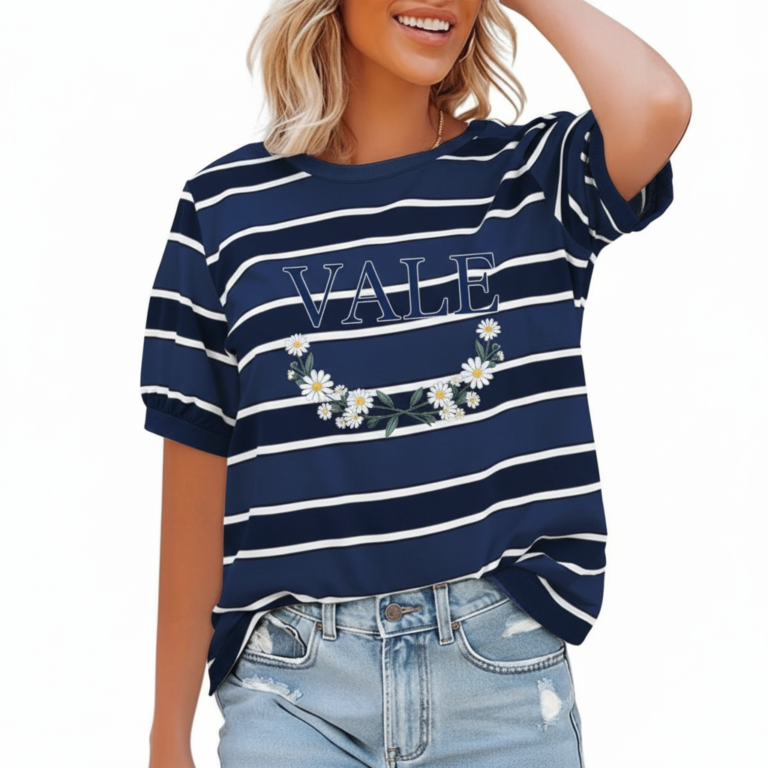 Women's breathable cotton striped t-shirt with puff sleeves and floral VALE graphic print, styled with light wash denim jeans.