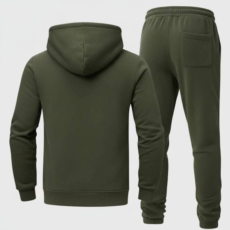 Two-piece men's breathable cotton tracksuit set including a full-zip hoodie and matching joggers with Vale logo, available in Navy Blue, Olive Green, and Beige.