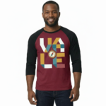 Men's 3/4 sleeve cotton raglan shirt with geometric compass graphic design in navy, maroon, and tan.