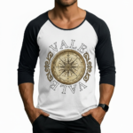 Men's 3/4 sleeve cotton raglan shirt featuring a vintage gold compass "VALE" graphic design on the chest.