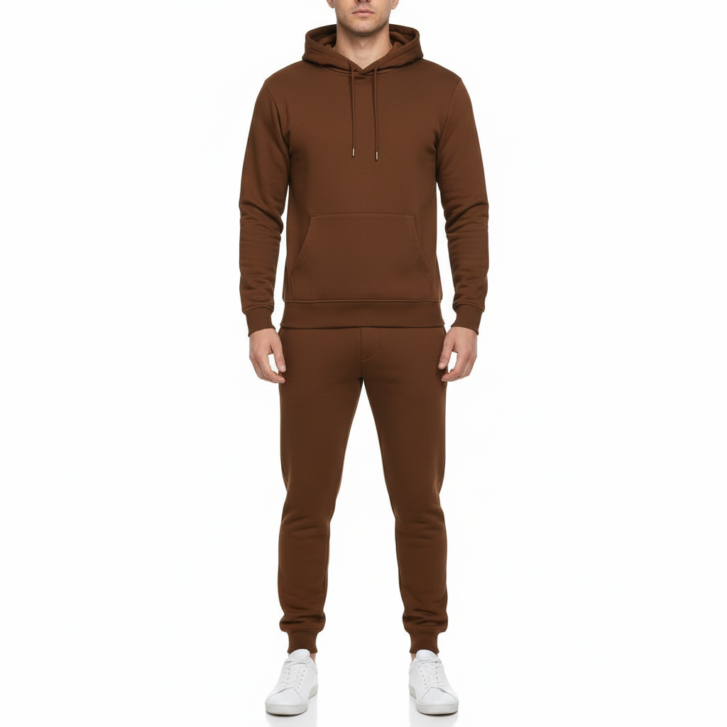 Men's breathable cotton tracksuit set showing a large varsity VALE back graphic with a gate emblem and Roman numerals on the hoodie and joggers.