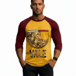 Men's raglan 3/4 sleeve shirt featuring "VALE" mechanical gear steampunk graphic on breathable cotton fabric.