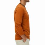 Men's VALE long-sleeve breathable cotton ringer shirt with butterfly embroidered pocket, athletic fit, available in orange, grey, and blue.
