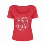 Women's breathable cotton scoop neck t-shirt featuring "Bhoo Vale" floral graphic design in pink, red, and burgundy colors.