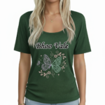 Women's breathable cotton t-shirt featuring a "Bhoo Vale" butterfly graphic design, available in Dusty Blue, Heather Grey, and Forest Green.