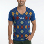 Man wearing Vale brand argyle pattern cotton t-shirt in black, blue, and green colors.