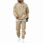 Men's 2-piece oversized tracksuit set made of breathable cotton, featuring a minimalist tree logo and VALE branding, shown in Sand Beige, Olive Green, and Charcoal Grey.