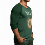 Men's 3/4 sleeve raglan baseball shirt in breathable cotton featuring a vintage VALE text and nautical compass graphic, athletic slim fit.