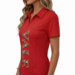 Women's quarter-zip polo shirt in breathable pique cotton featuring a vertical floral 'VALE' graphic design.