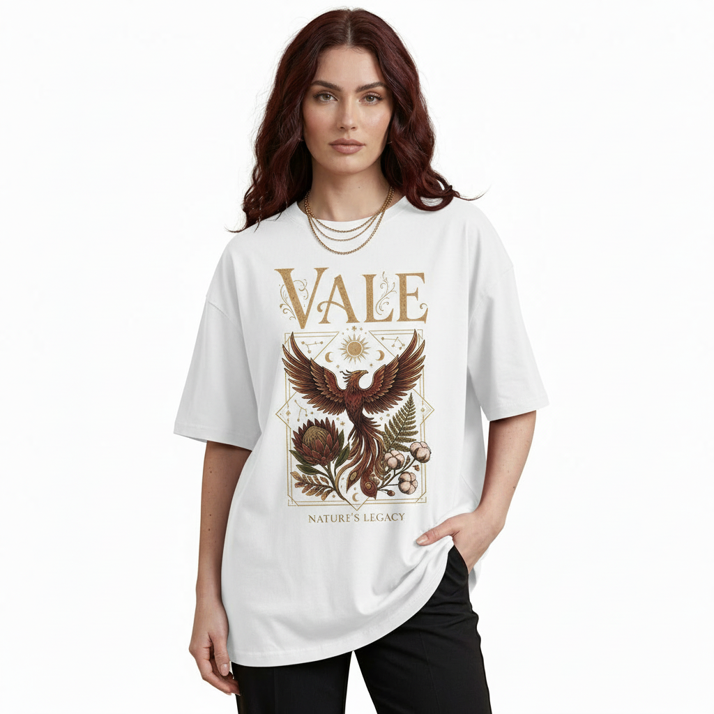 VALE Nature’s Legacy Oversized T-Shirt Front view of a female model wearing a VALE Nature's Legacy oversized cotton t-shirt featuring a phoenix and floral graphic design in Maroon, Blue, and White.