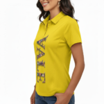 Front view of a woman wearing a slim-fit pique cotton polo shirt featuring a vertical "VALE" floral graphic design, available in red, yellow, and black.