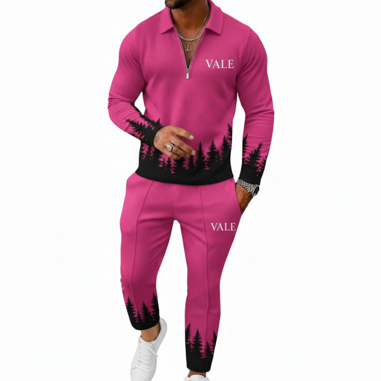 Men's 2-piece breathable textured cotton tracksuit with a quarter-zip polo and joggers featuring a black pine forest gradient design and white VALE logo in Green, Pink, and Wine colors.