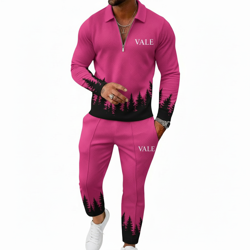 Men's 2-piece breathable textured cotton tracksuit with a quarter-zip polo and joggers featuring a black pine forest gradient design and white VALE logo in Green, Pink, and Wine colors.