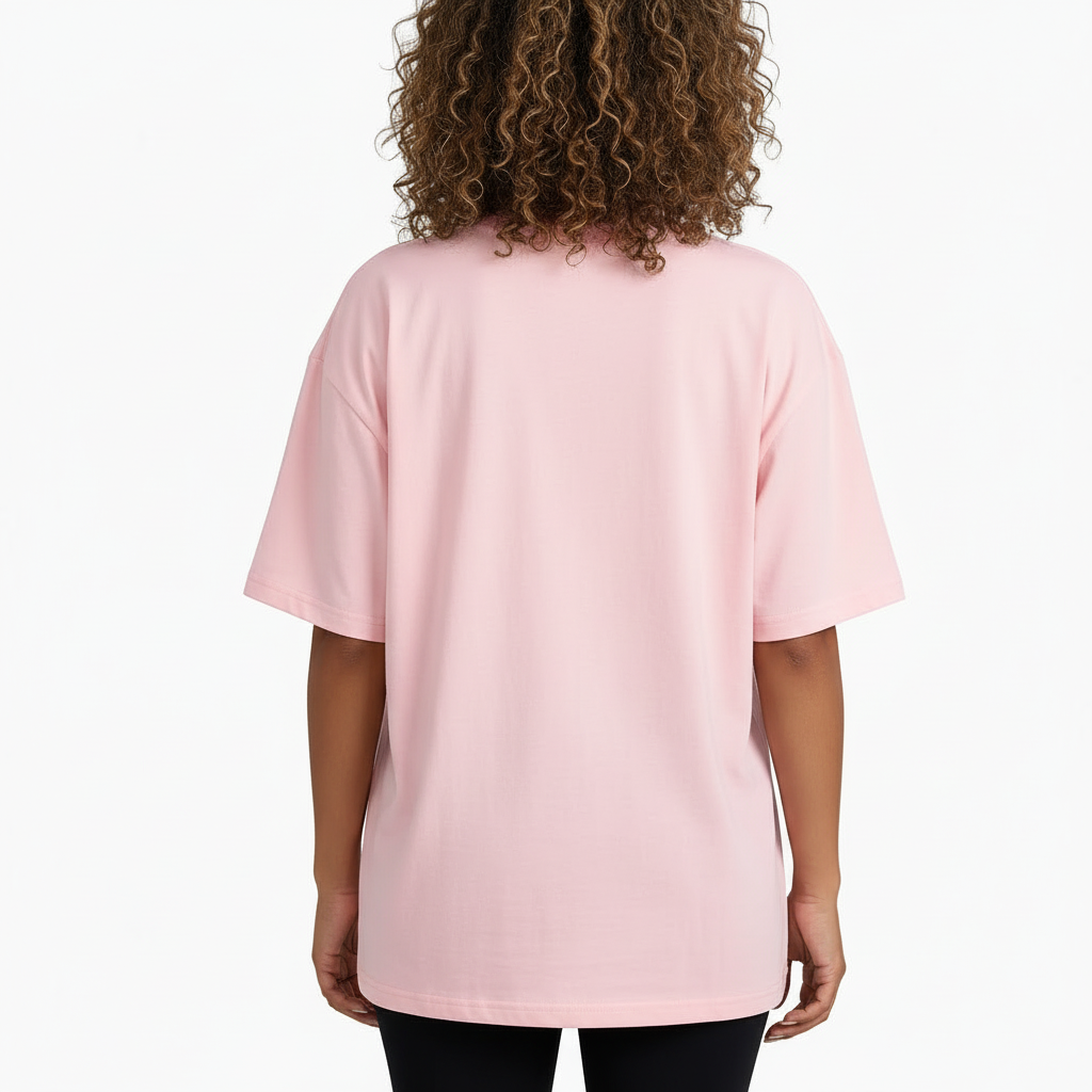 A young woman taking a mirror selfie wearing a VALE GIRL graphic t-shirt made of breathable cotton with a floral design, available in pink, light blue, and maroon.