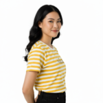Young woman wearing a VALE brand horizontal striped breathable cotton t-shirt in blue, yellow, and green colors.