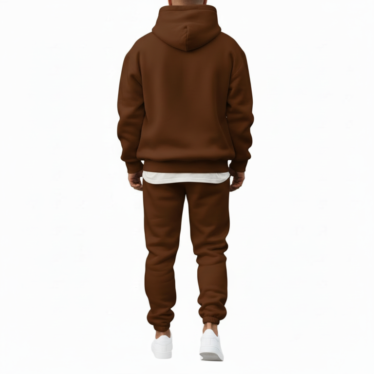 Men's oversized 2-piece tracksuit featuring a breathable cotton hoodie and joggers with gold VALE Tree of Life compass logo, available in Mocha Brown, Sand Beige, and Fuchsia Pink.