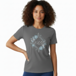 Women wearing a breathable cotton "VALE" floral graphic t-shirt in blue, grey, and red colors.