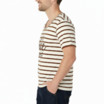 Men's striped breathable cotton t-shirt featuring "Vale" graphic logo and laurel design, available in navy, brown, and red stripes.