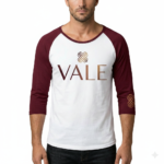 Men's VALE brand 3/4 sleeve raglan cotton shirt featuring metallic chest logo and sleeve detail in Maroon, Navy, and Black.