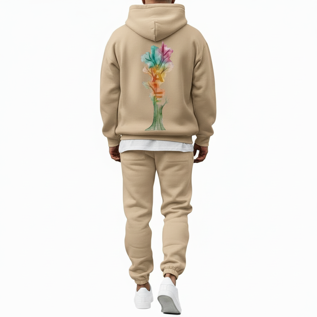 A man wearing a premium breathable cotton tracksuit featuring a colorful watercolor tree graphic with "VALE" text on the back, available in Black, Burgundy, and Sand.