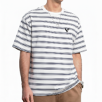 Men's oversized striped cotton t-shirt in green, white, and brown colors with chest logo.