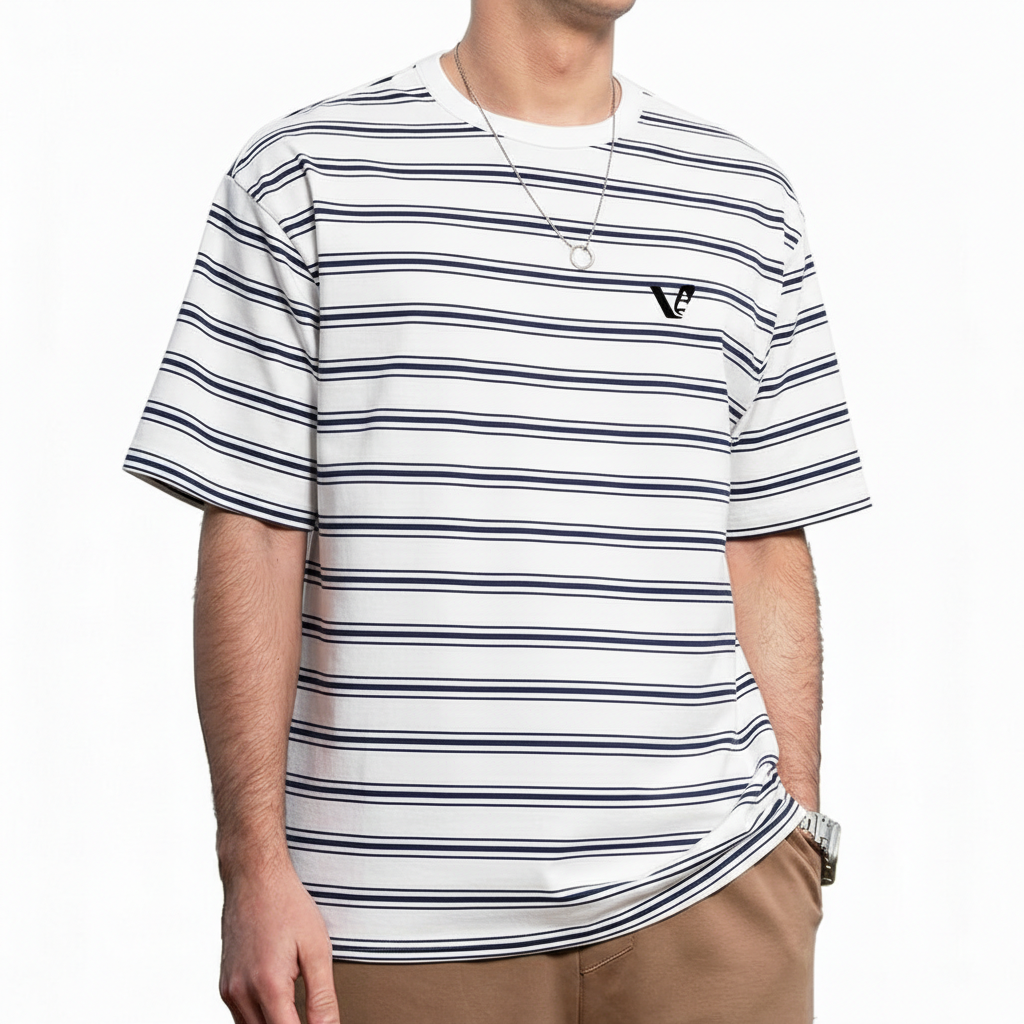 Men’s Striped Oversized Cotton T-Shirt Men's oversized striped cotton t-shirt in green, white, and brown colors with chest logo.
