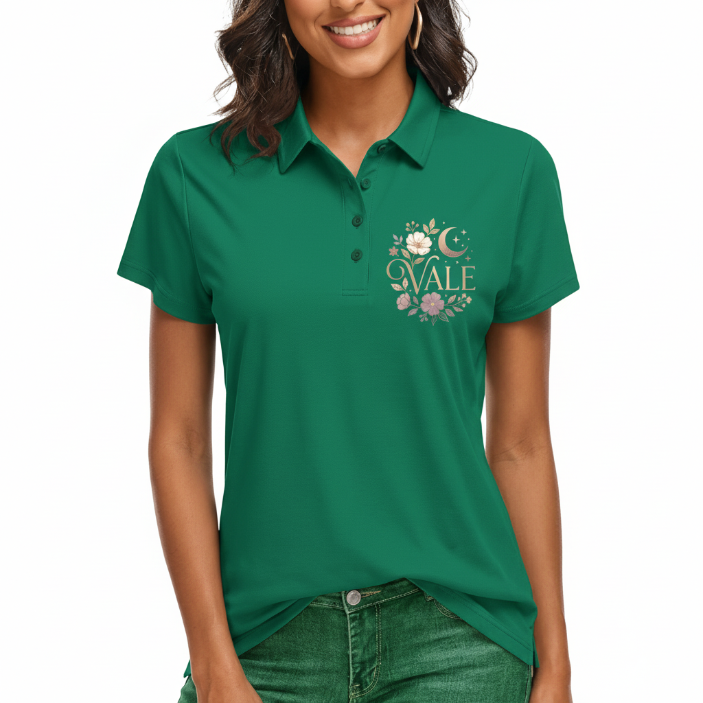 Women’s Breathable Pique Cotton Polo Shirt Close-up of a woman wearing a breathable pique cotton polo shirt featuring a "VALE" floral and crescent moon embroidery on the chest, available in green, blue, and orange.
