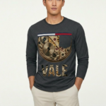 Men's long sleeve cotton shirt featuring a realistic mechanical watch gear "VALE" graphic print, available in orange, charcoal, and olive green.